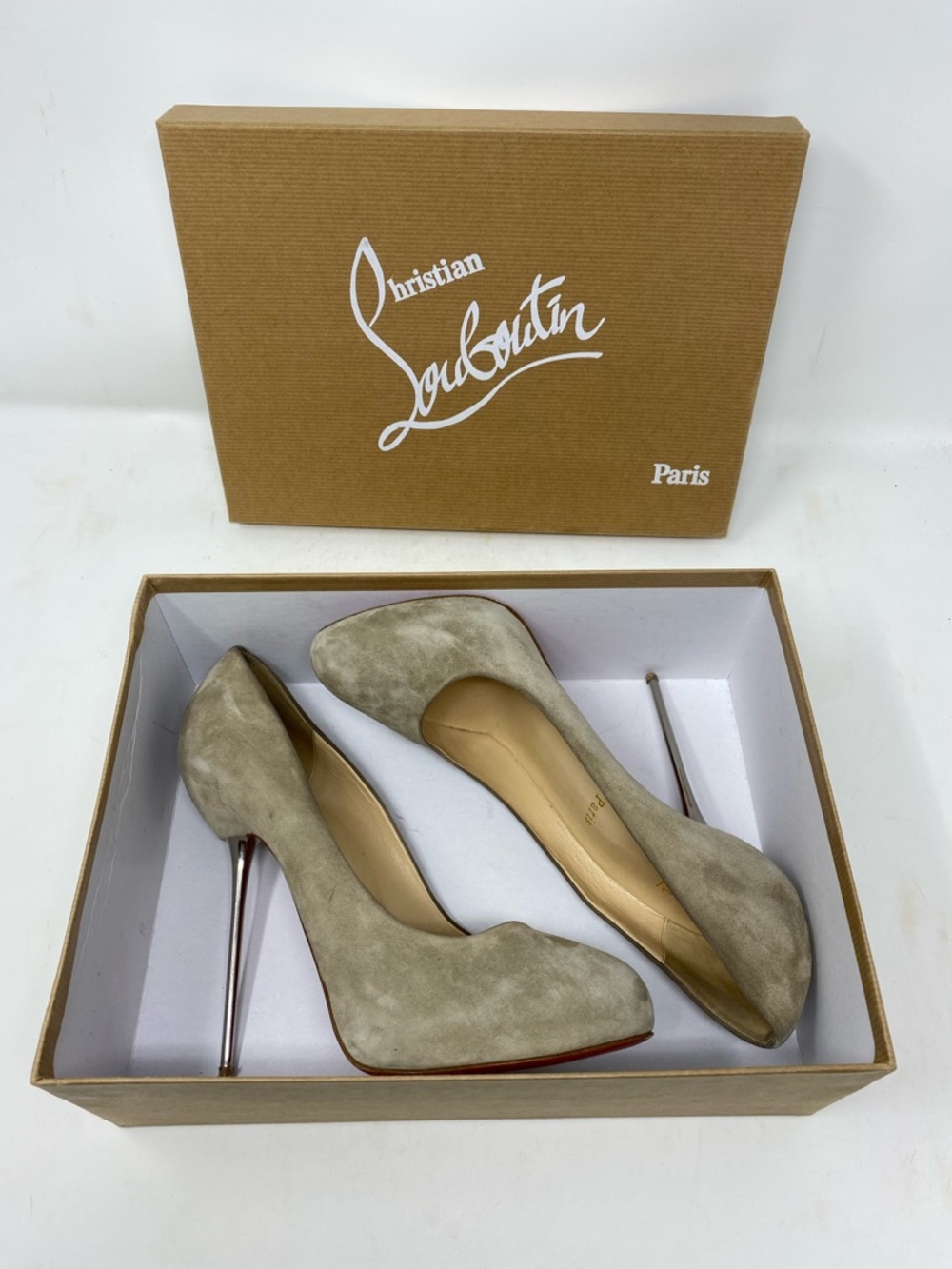 Christian Louboutin Beige Suede Classic Pump with Metal Stiletto